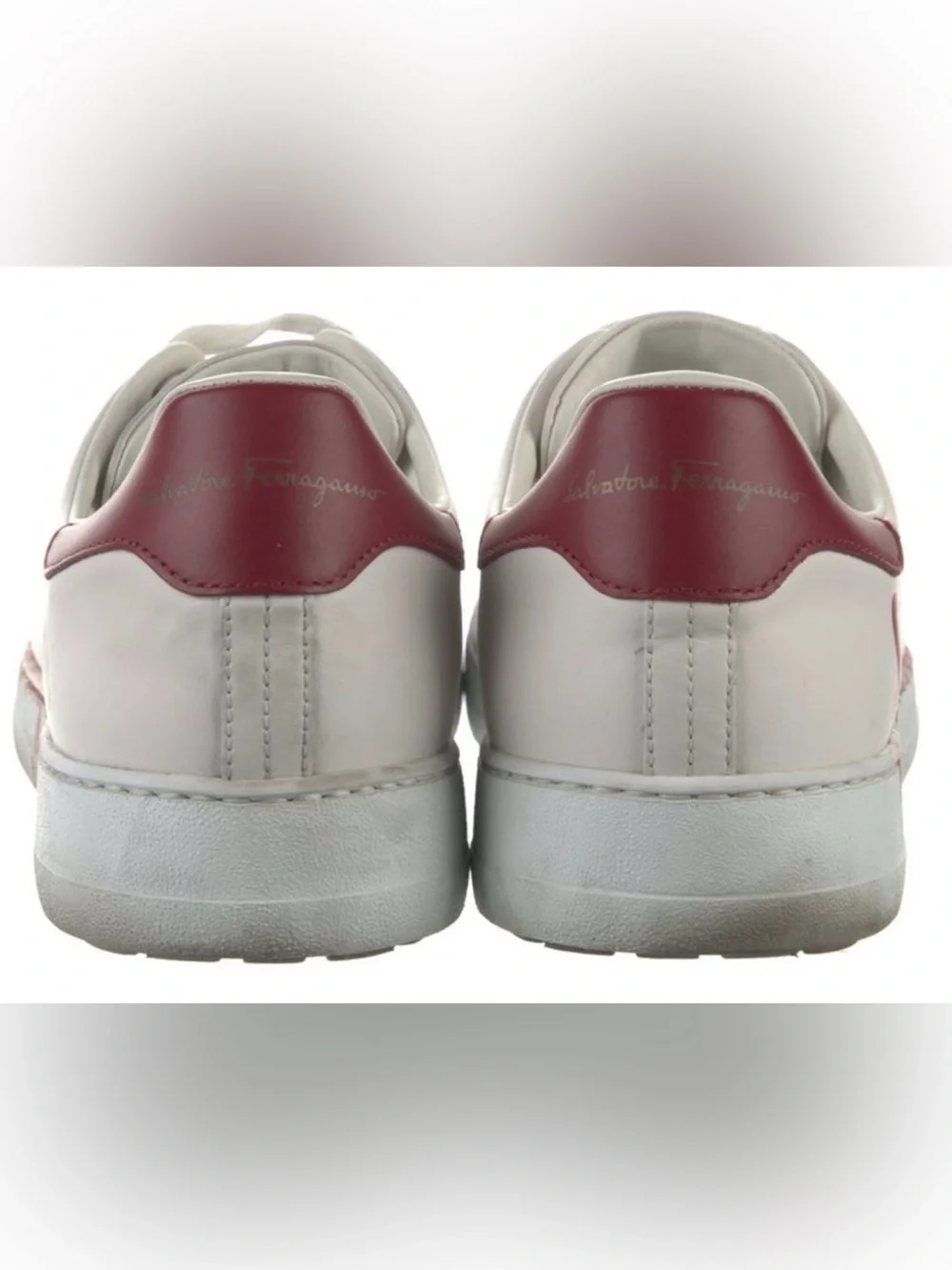 Ferragamo White Leather Sneakers with Red Script Logo
